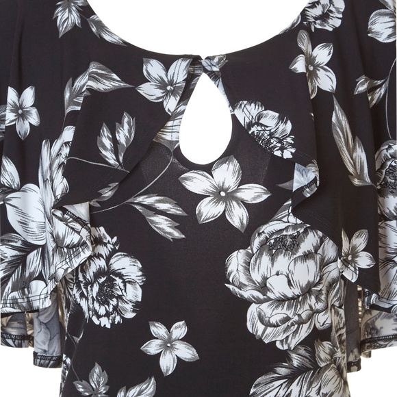 Black Floral Print Capelet Keyhole Top - Picture 3 of 3